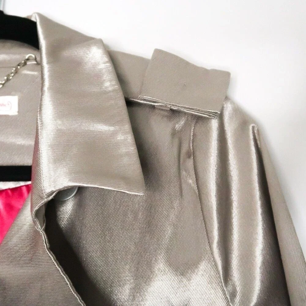 Kira Plastinina Womens Blazer‎ Jacket Size M Silver Coat Satin 90s Metallic